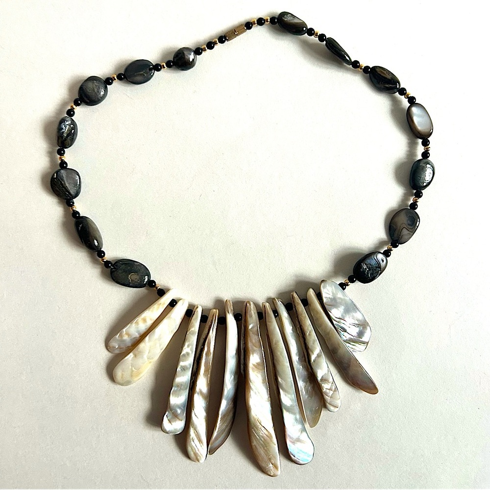 Vintage Mother of Pearl Abalone Shell Statement Necklace Boho Tribal Handcrafted